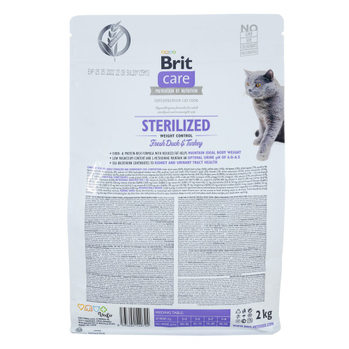 Сухой корм Brit Care Cat GF Sterilized Weight Control для стерилизованных кошек с избыточным весом, утка и индейка, 2 кг