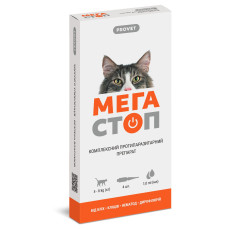 Краплі на холку ProVET «Мега Стоп» для котів від 4 до 8 кг, 1 піпетка (від зовнішніх та внутрішніх паразитів)