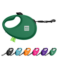 Поводок-рулетка для собак WAUDOG R-leash с контейнером для пакетов, светоотражающая лента, M, до 20 кг, 5 м, зеленый