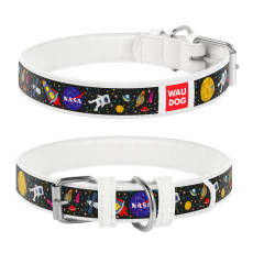 Ошейник кожаный WAUDOG Printed с рисунком NASA, размер XXS, металлическая пряжка, белый