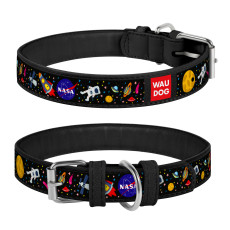 Ошейник кожаный WAUDOG Printed с рисунком NASA, размер XS, металлическая пряжка, черный