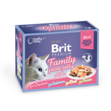 Набор влажных кормов Brit Premium pouch Семейная тарелка филе в желе для кошек, ассорти из 4 вкусов, 12 шт. х 85 г