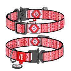 Ошейник для собак нейлоновый WAUDOG Nylon с QR паспортом Этно красный, размер XL, металлическая пряжка-фастекс