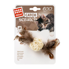 Іграшка для котів Плетений м`ячик з дзвіночком і пір`ям GiGwi Catch&scratch перо, дерево, 13 см