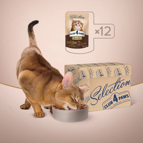 Влажный корм Club 4 Paws Plus Selection с кусочками сельди и салаки в желе для взрослых кошек, 80 г