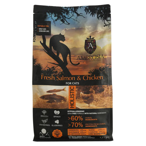 Сухой корм Ambrosia Grain Sterilized Cat Fresh Salmon & Chicken для стерилизованных кошек со свежим лососем и курицей, 1,5 кг