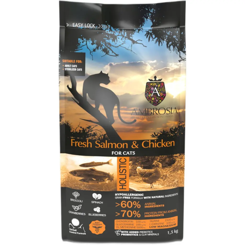 Сухой корм Ambrosia Grain Sterilized Cat Fresh Salmon & Chicken для стерилизованных кошек со свежим лососем и курицей, 1,5 кг