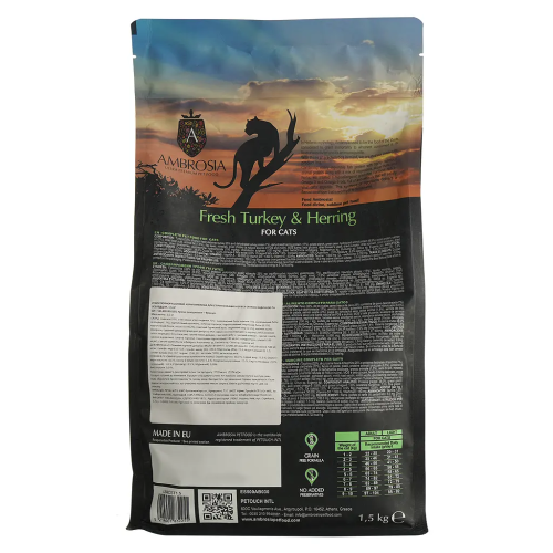 Сухой корм Ambrosia Grain Free Sterilized Cat Fresh Turkey & Herring для стерилизованных кошек со свежей индейкой и селедкой, 1,5 кг