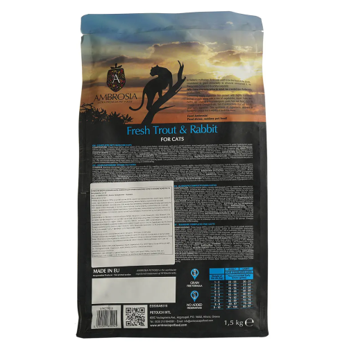 Сухой корм Ambrosia Grain Free Cat Fresh Trout & Rabbit для кошек со свежей форелью и кроликом, 1,5 кг