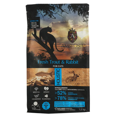 Сухой корм Ambrosia Grain Free Cat Fresh Trout & Rabbit для кошек со свежей форелью и кроликом, 1,5 кг