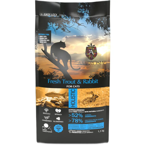 Сухой корм Ambrosia Grain Free Cat Fresh Trout & Rabbit для кошек со свежей форелью и кроликом, 1,5 кг