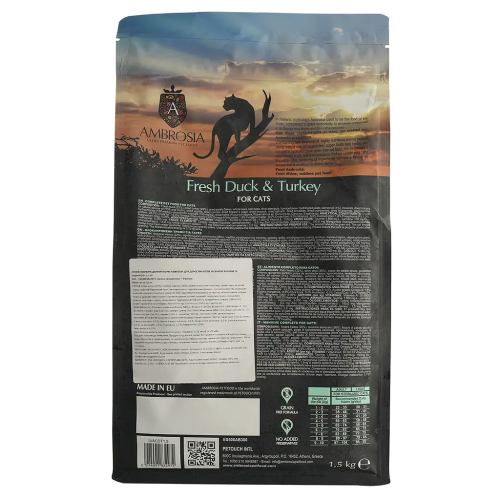 Сухой корм Ambrosia Grain Free Cat Fresh Duck & Turkey для стерилизованных кошек со свежей уткой и индейкой, 1,5 кг