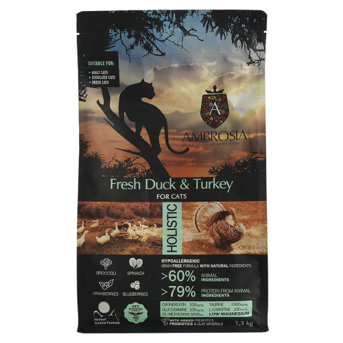 Сухой корм Ambrosia Grain Free Cat Fresh Duck & Turkey для стерилизованных кошек со свежей уткой и индейкой, 1,5 кг