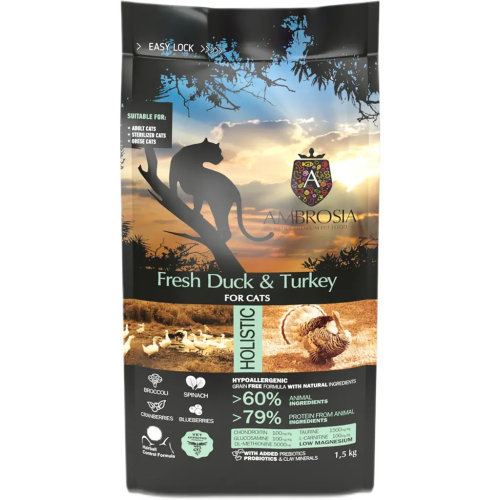 Сухой корм Ambrosia Grain Free Cat Fresh Duck & Turkey для стерилизованных кошек со свежей уткой и индейкой, 1,5 кг
