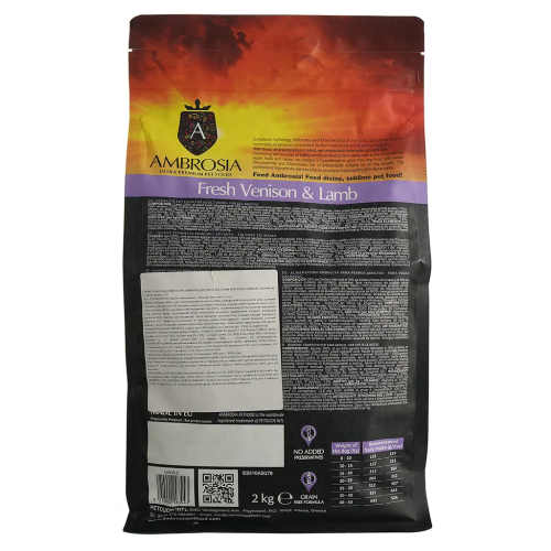 Сухой корм Ambrosia Grain Dog Adult Fresh Venison & Lamb для собак всех пород со свежей олениной и ягненком, 2 кг