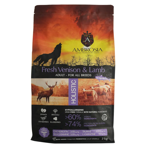 Сухой корм Ambrosia Grain Dog Adult Fresh Venison & Lamb для собак всех пород со свежей олениной и ягненком, 2 кг
