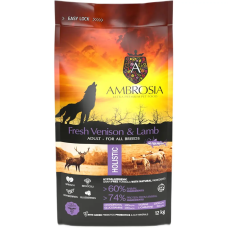 Сухой корм Ambrosia Grain Dog Adult Fresh Venison & Lamb для собак всех пород со свежей олениной и ягненком, 12 кг
