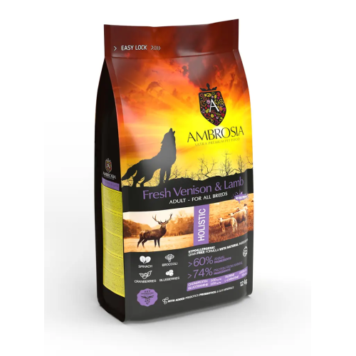 Сухой корм Ambrosia Grain Dog Adult Fresh Venison & Lamb для собак всех пород со свежей олениной и ягненком, 12 кг