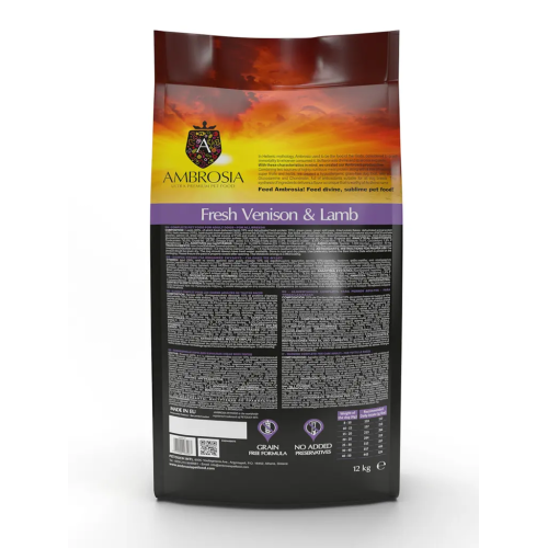 Сухой корм Ambrosia Grain Dog Adult Fresh Venison & Lamb для собак всех пород со свежей олениной и ягненком, 12 кг