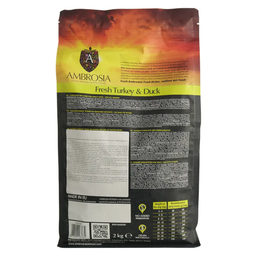 Сухой корм Ambrosia Grain Dog Adult Fresh Turkey & Duck для собак всех пород со свежей индейкой и уткой, 2 кг