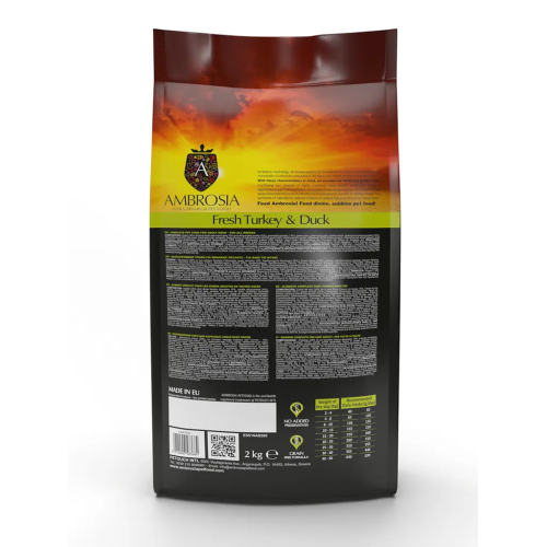 Сухой корм Ambrosia Grain Dog Adult Fresh Turkey & Duck для собак всех пород со свежей индейкой и уткой, 12 кг
