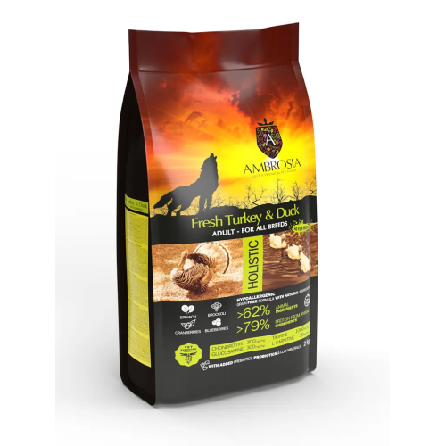 Сухой корм Ambrosia Grain Dog Adult Fresh Turkey & Duck для собак всех пород со свежей индейкой и уткой, 12 кг