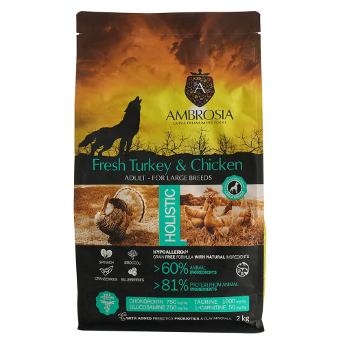 Сухой корм Ambrosia Grain Dog Adult Large Breeds Fresh Turkey & Chicken для собак больших пород со свежей индейкой и курицей, 2 кг
