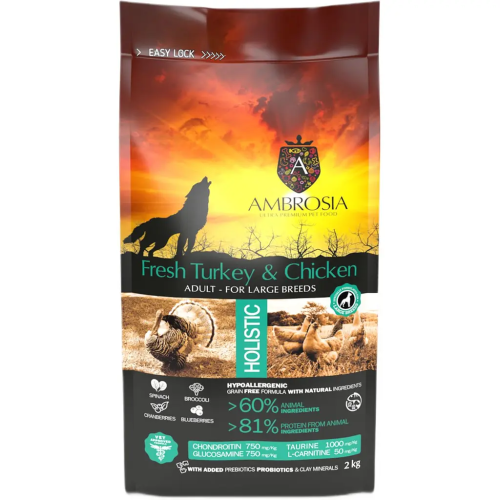 Сухой корм Ambrosia Grain Dog Adult Large Breeds Fresh Turkey & Chicken для собак больших пород со свежей индейкой и курицей, 12 кг