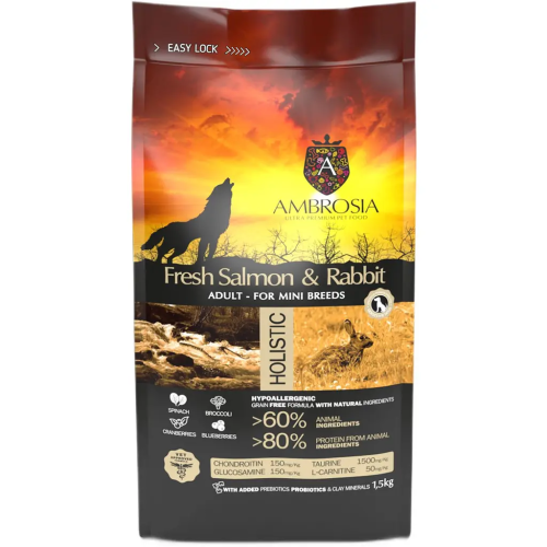 Сухой корм Ambrosia Grain Dog Adult Mini Sensitive Fresh Salmon & Rabbit для собак мини пород со свежим лососем и кроликом, 1.5 кг