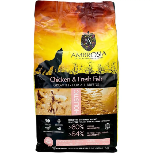 Сухой корм Ambrosia Grain Free для щенков всех пород с курицей и свежей рыбой, 6 кг