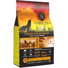 Сухой корм Ambrosia Grain Free для взрослых собак всех пород с курицей и свежим лососем, 2 кг.