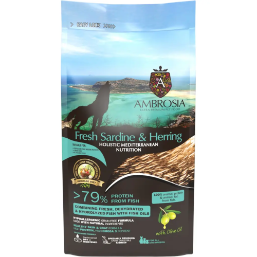 Сухой корм Ambrosia Mediterranean для щенков всех пород с сардиной и сельдью, 1,5 кг