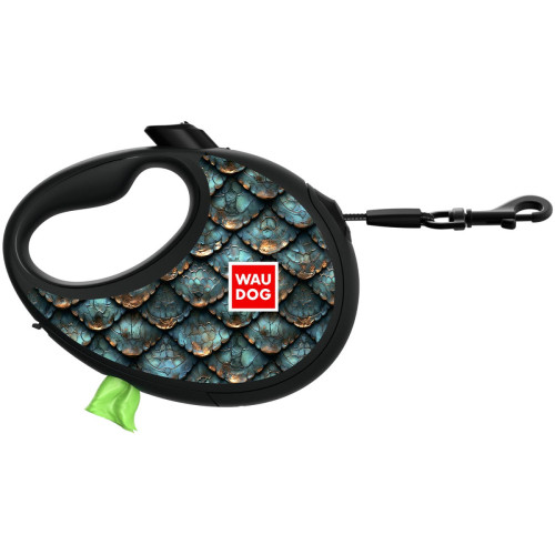 Повідець-рулетка для собак WAUDOG R-leash з контейнером для пакетів, малюнок "Луска", світловідбивна стрічка, S, до 12 кг, 3 м