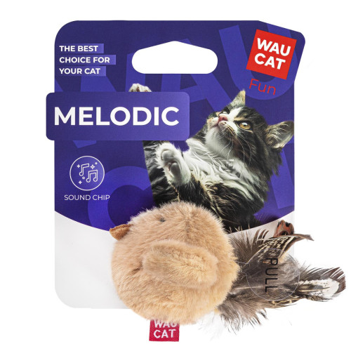 Іграшка для котів WAUCAT Fun Melodic Пташка бежева зі звуковим чипом, штучне хутро, перо, 11 см