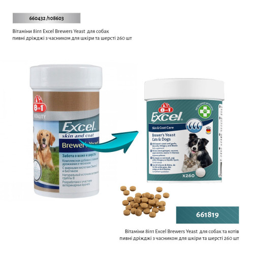 Вітаміни 8in1 Excel Brewers Yeast для собак та котів пивні дріжджі з часником для шкіри та шерсті 260 шт