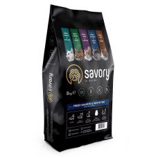 Сухий корм Savory для довгошерстих кішок, зі свіжим лососем та білою рибою, 8 кг